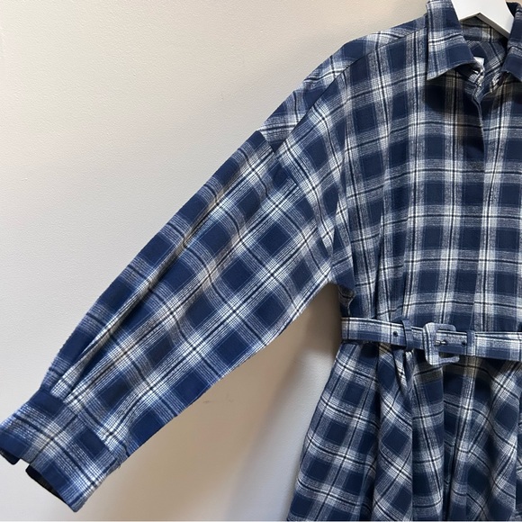 OMO Norma Kamali ~Blue Plaid Cotton Flannel Vintage 80s Belted Shirtdress size 8 - Picture 7 of 16